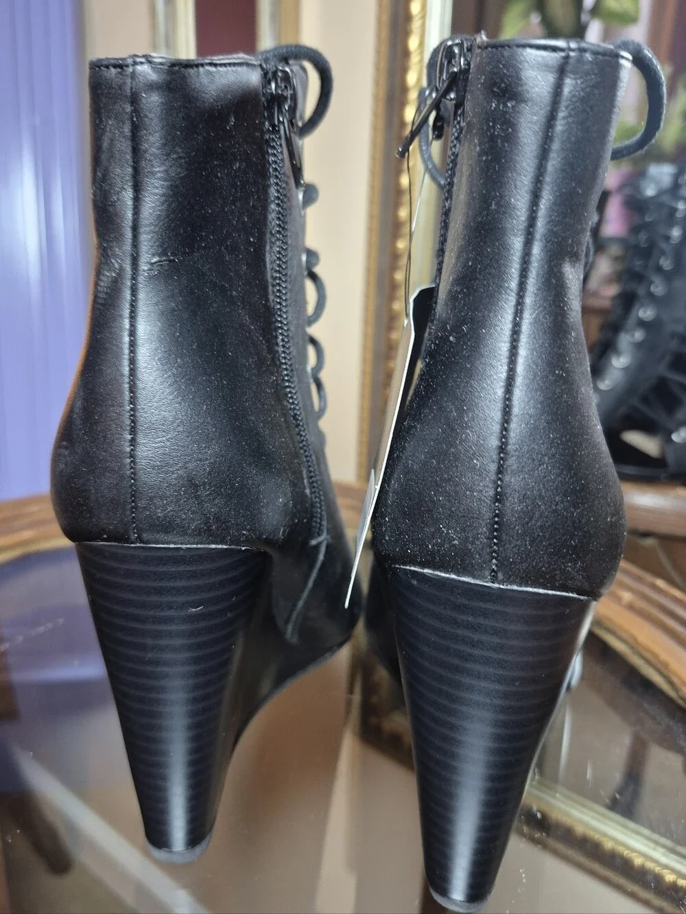 Forever 21 Faux Leather Black Lace Up Wedge Boots - Size 5.5